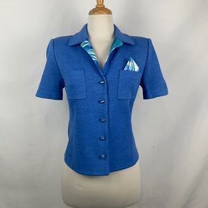 VINTAGE St John Blue Short Sleeve with Print Trim